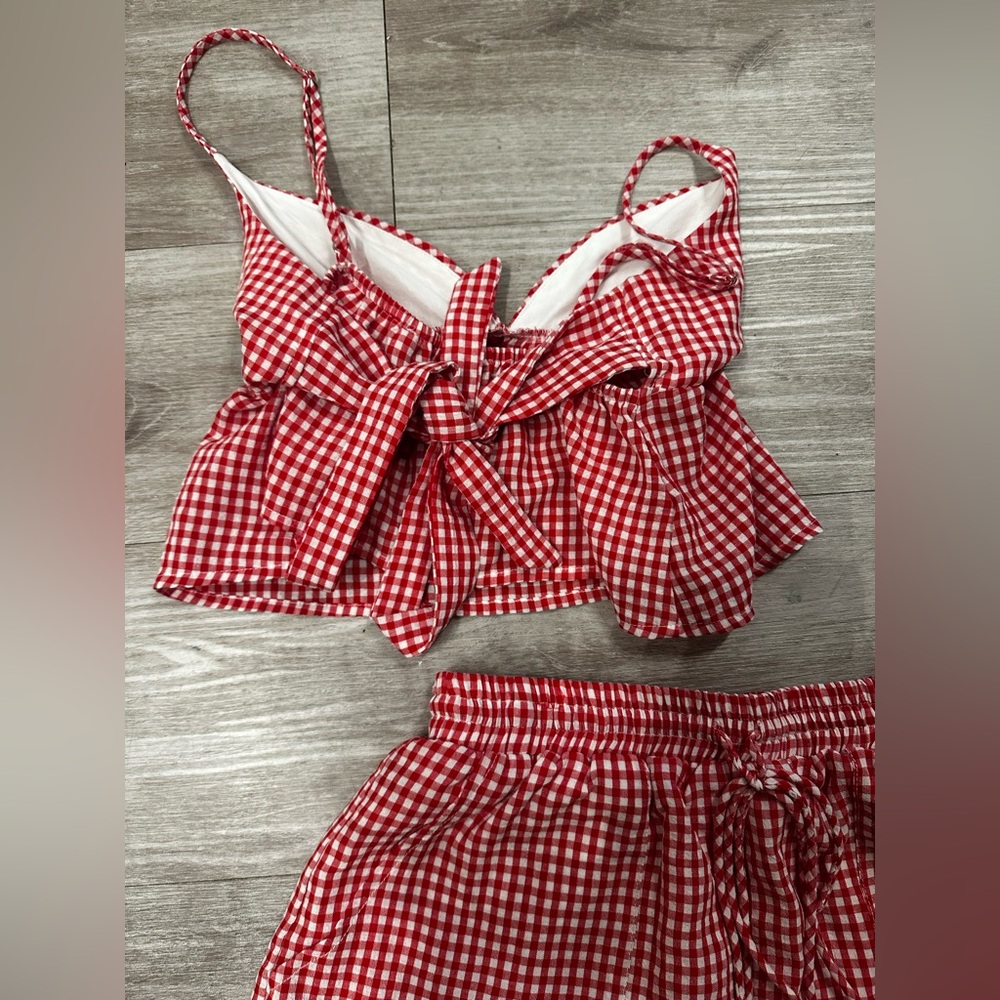 Red White Princess Polly Gingham Two Piece Tie Back Crop Top Shorts Set - Picture 3 of 4
